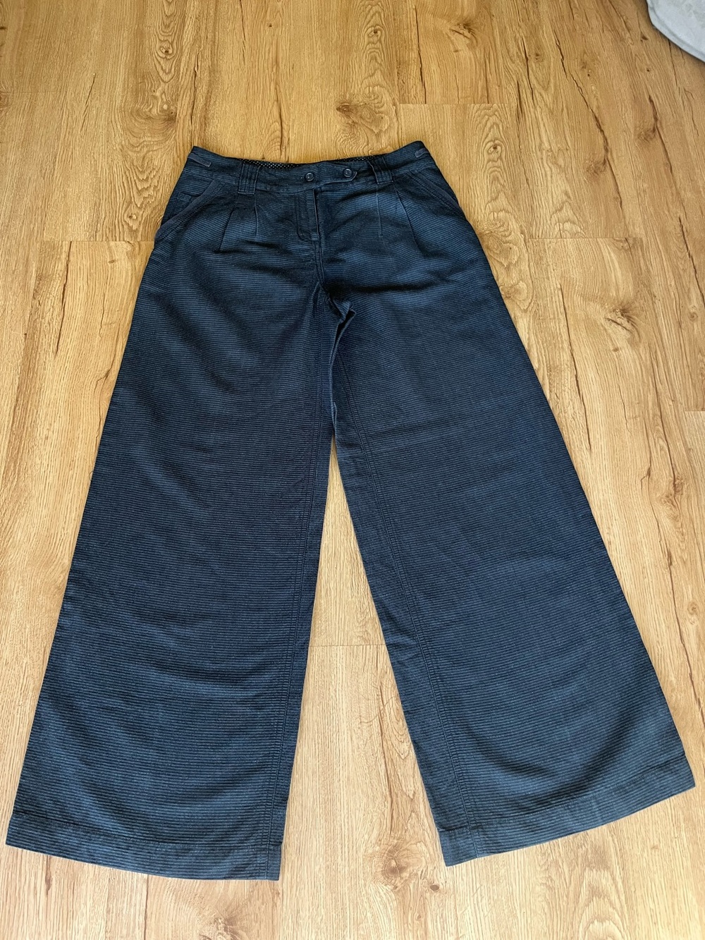 POETRY Wide Leg Textured Linen Cotton Blend Trousers Navy Charcoal US6